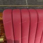 Natural Wood Headboard Upholstered Bed with Burgundy Leather Panel, Polished Marble Side Accents & Stainless Steel Hardware